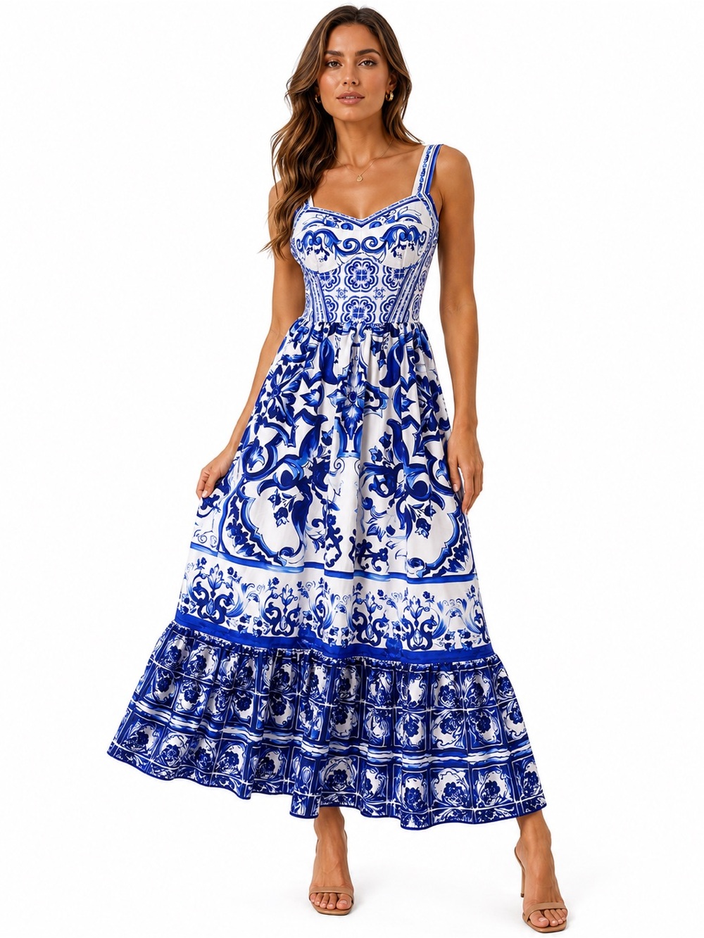 Blue & White Printed Maxi Dress by